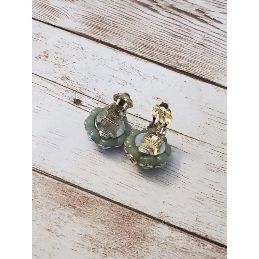Vintage Clip On Earrings Dainty Green & Turquoise Tones - Some Stones Missing